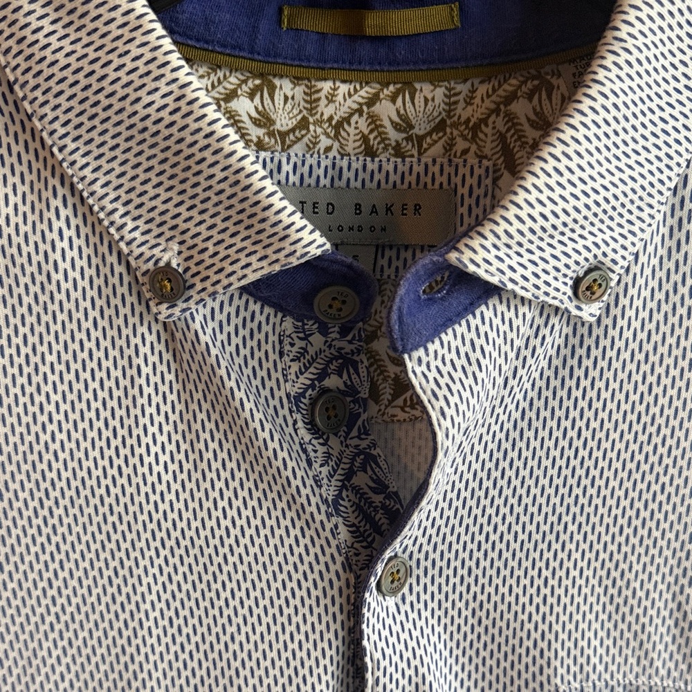Ted Baker White and Blue Micro-Pattern Polo Shirt with Blue Trim